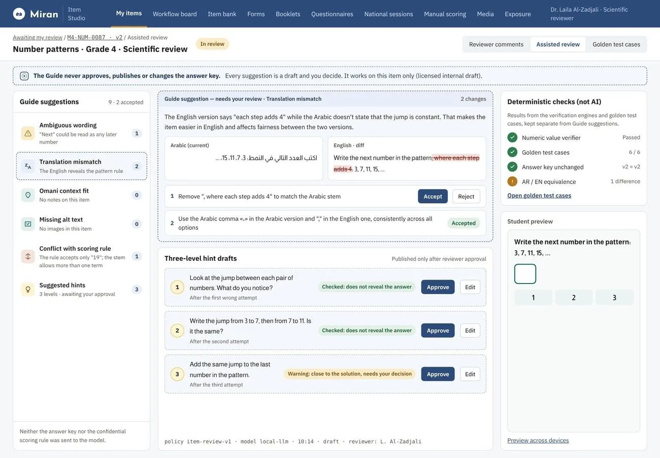 Miran — Digital Assessment Platform — item studio screen
