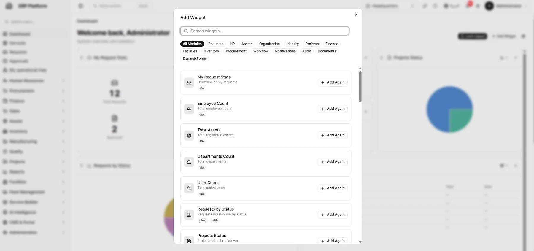 Editing the dashboard layout and widget catalog.