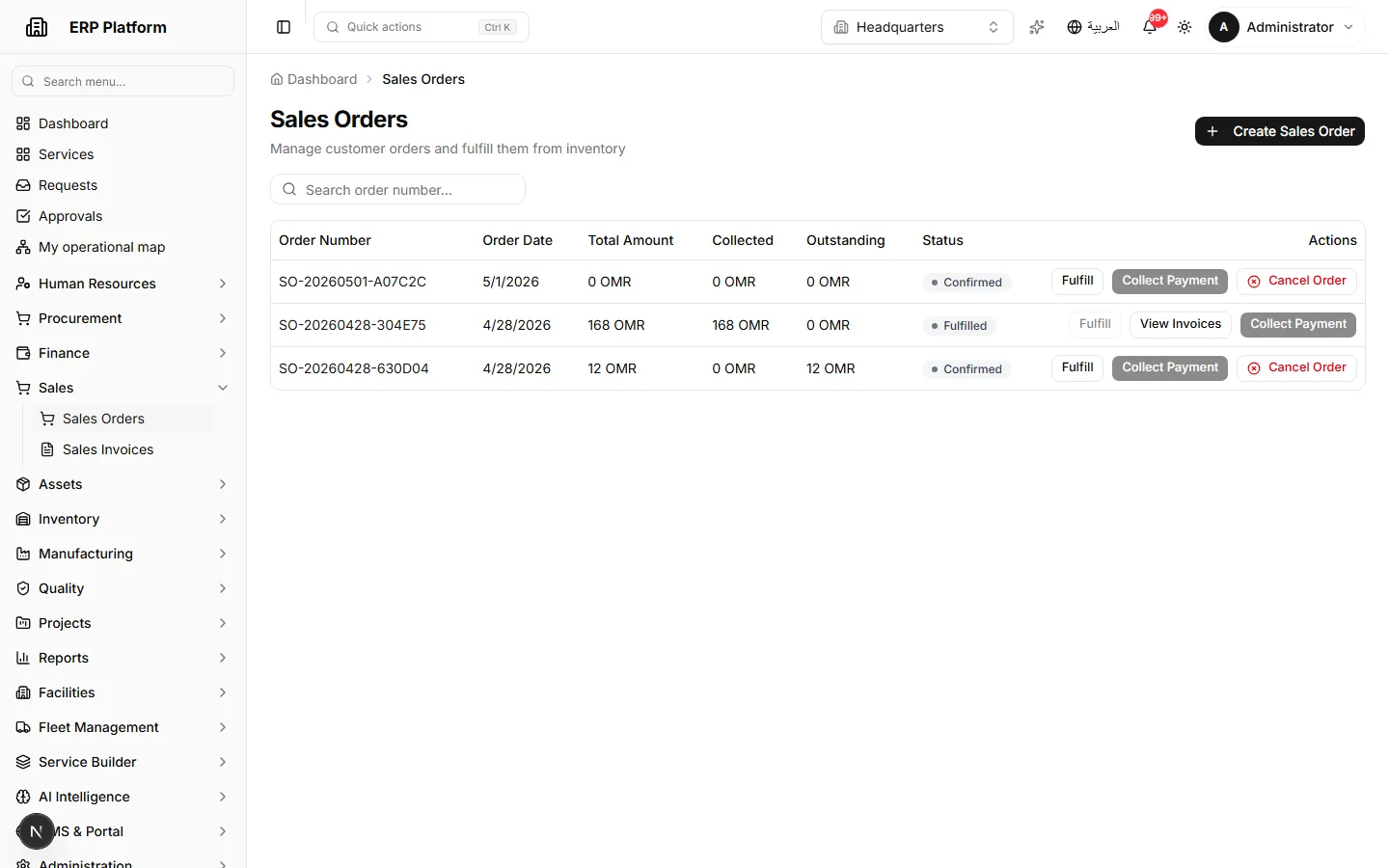 Sales orders, fulfillment and collection.