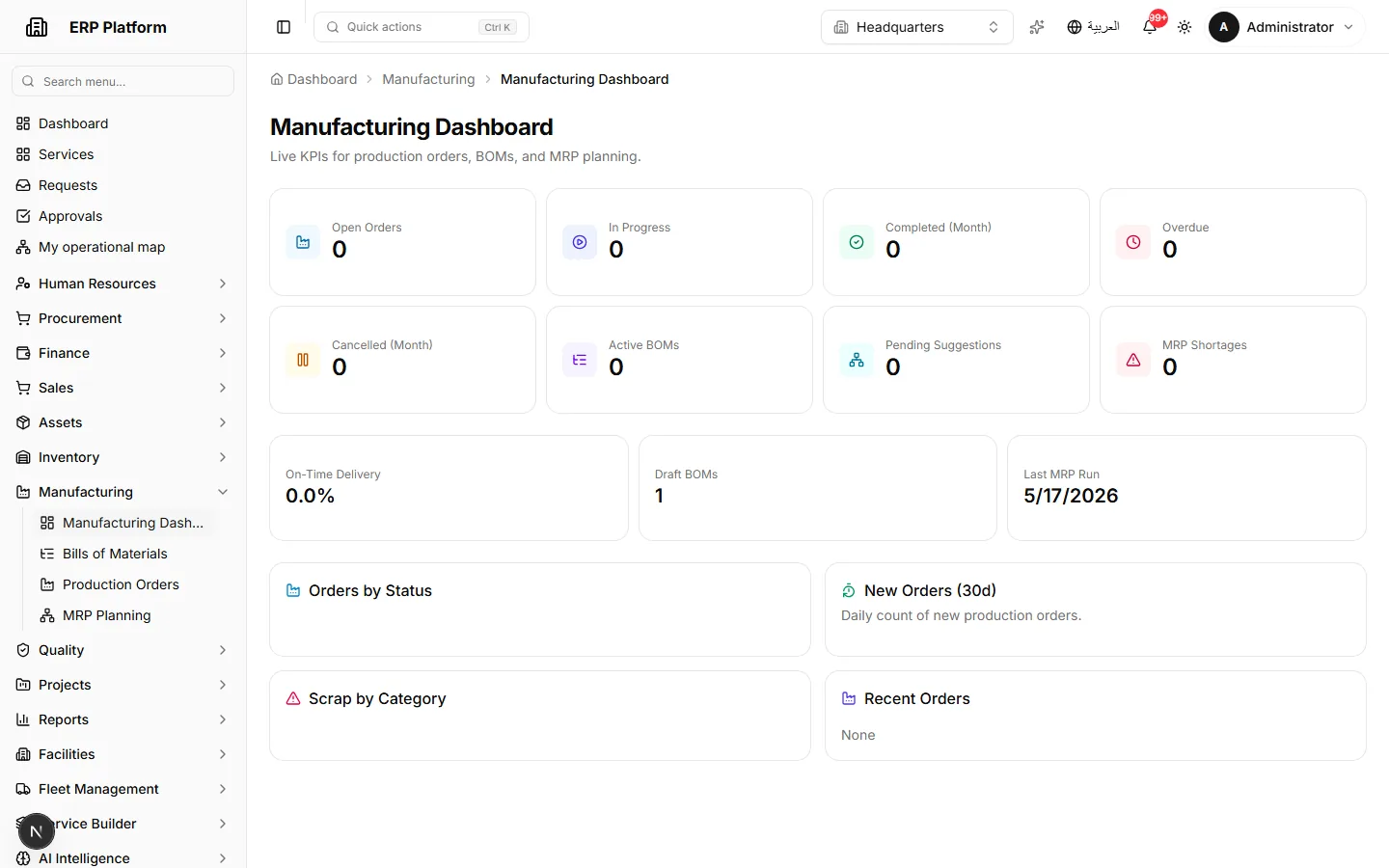 Manufacturing dashboard and MRP status.