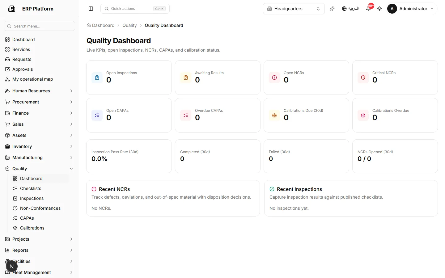 Quality dashboard, inspections and non-conformance.