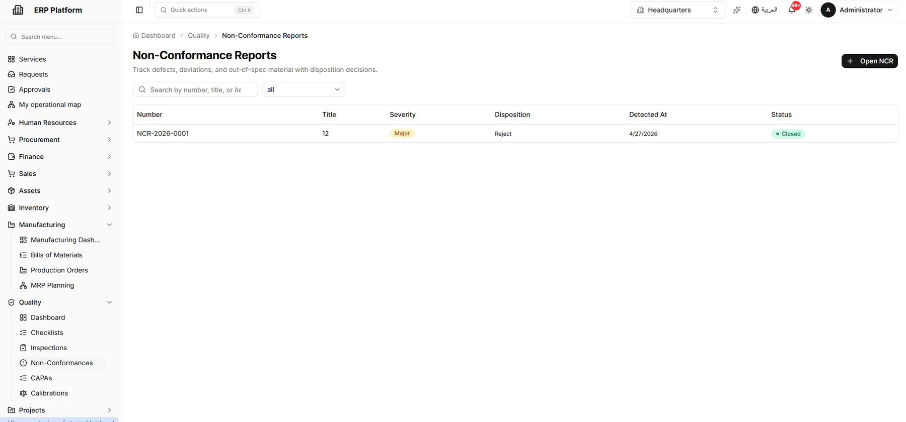 Non-conformance reports and resolution tracking.