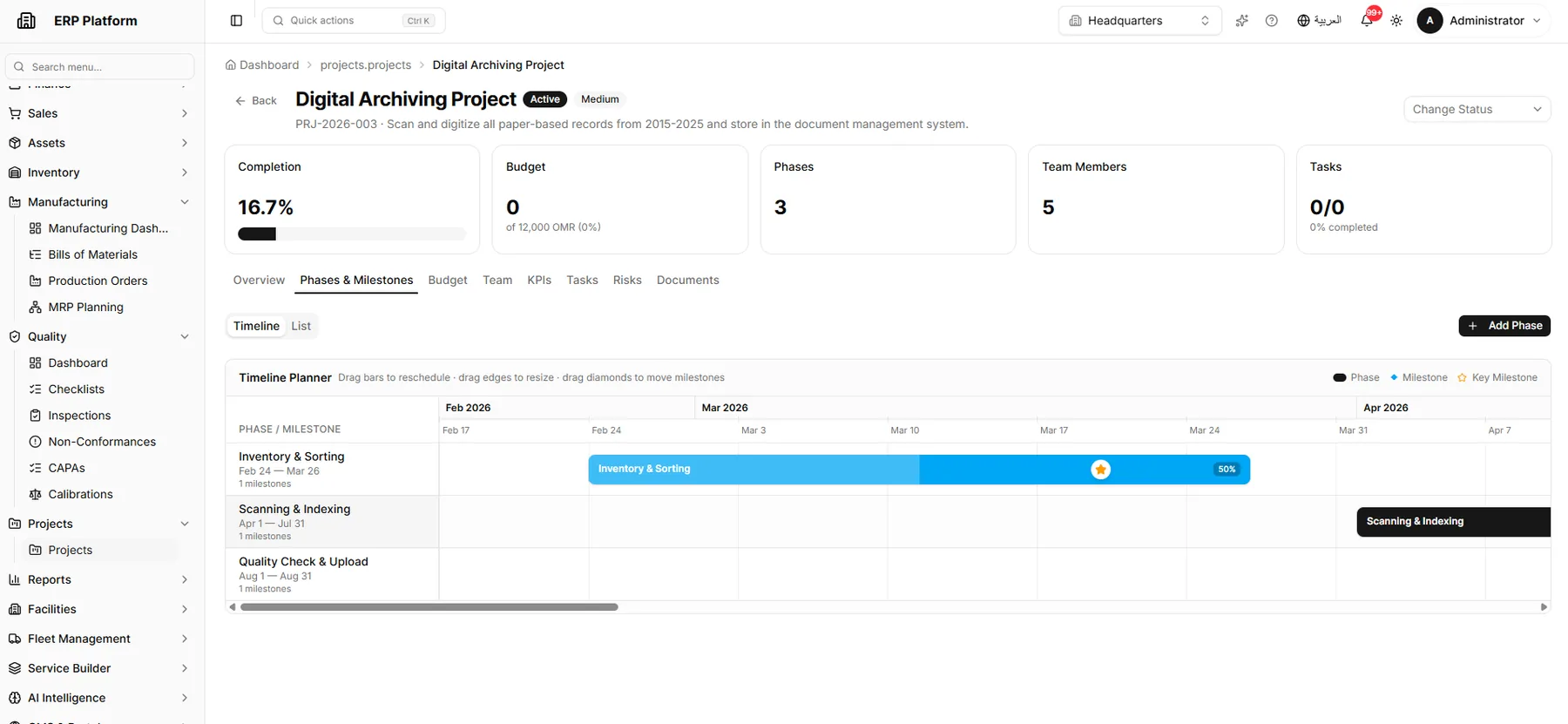 Digital project view with phases, budget and progress.