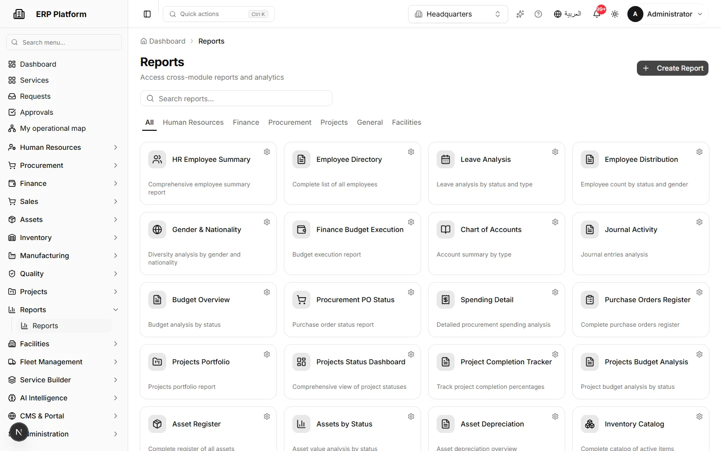Catalog of available reports.
