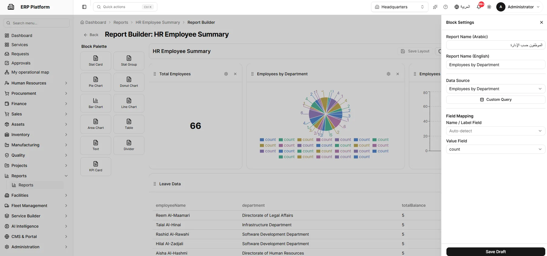 Report builder with data sources, filters and blocks.