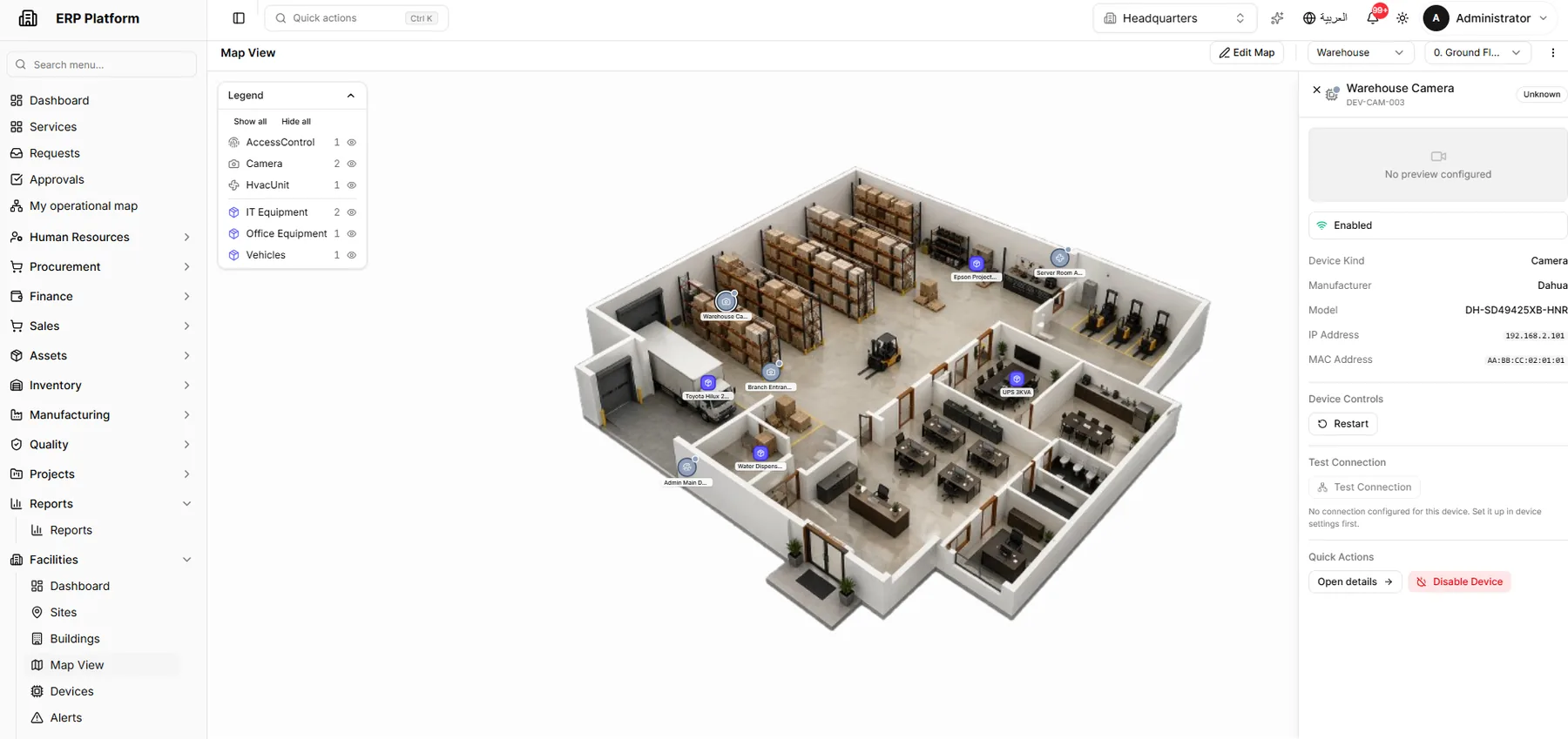 Facility plan with spaces, assets and devices.