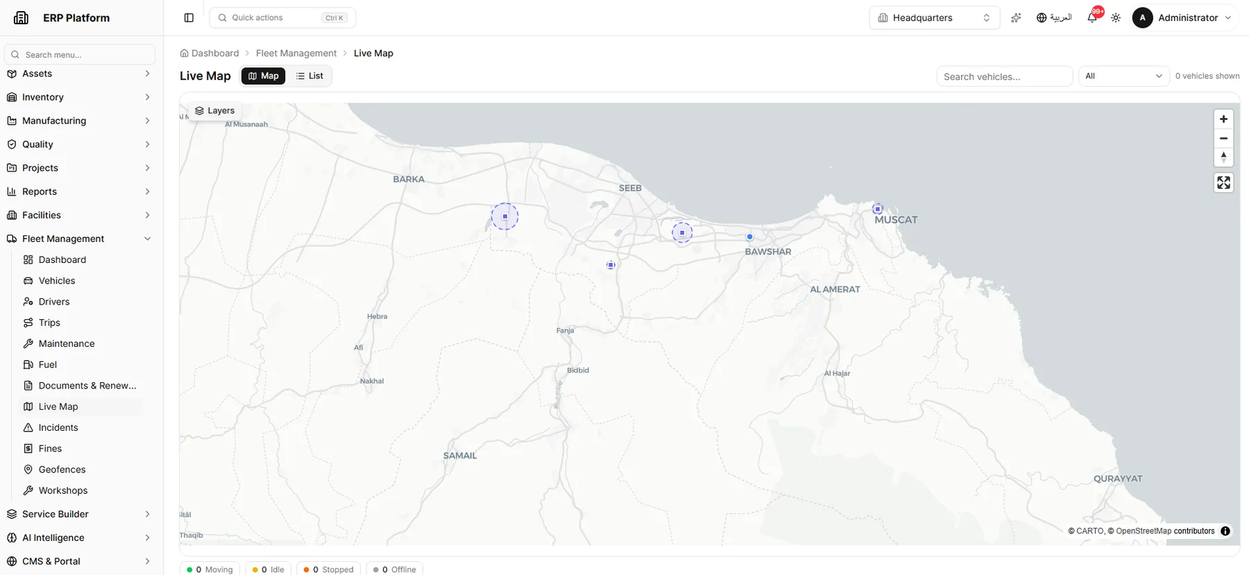 Vehicle map, routes and geofences.