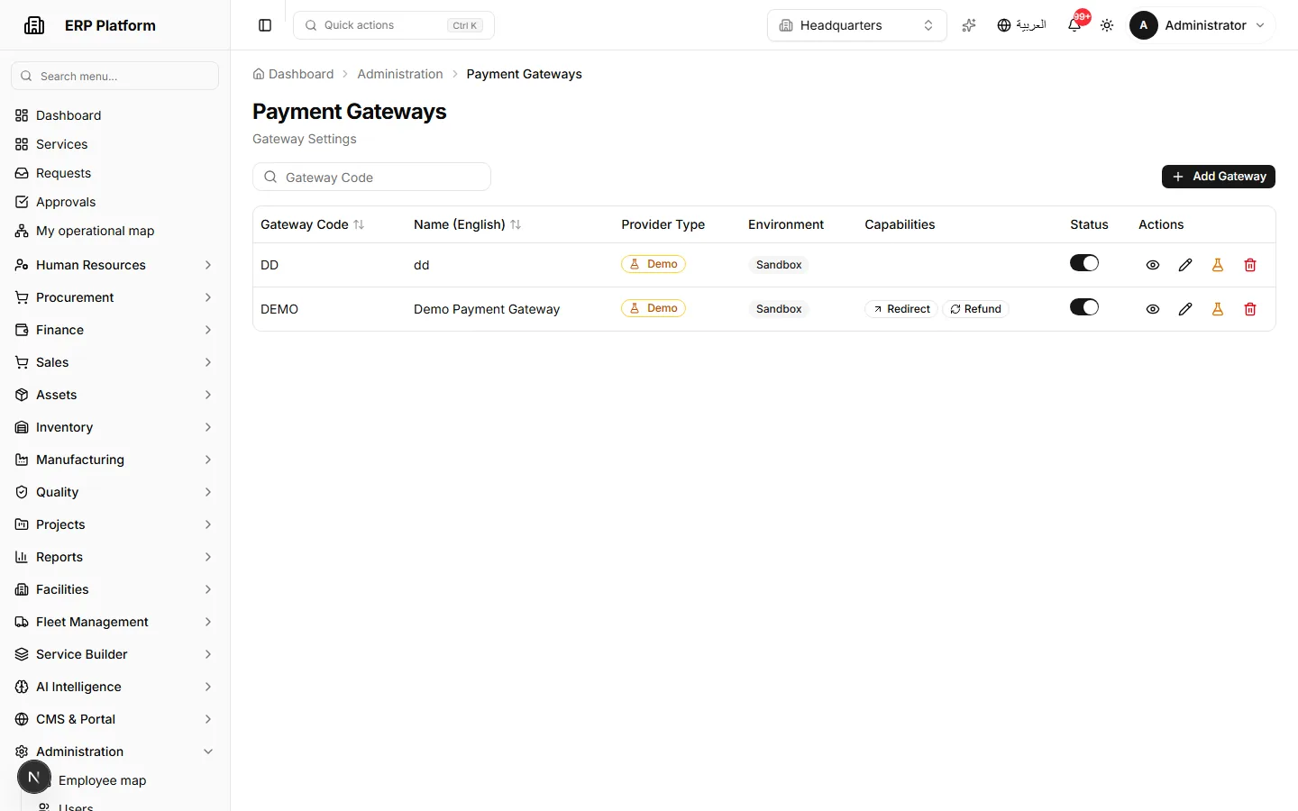 Payment gateway administration.