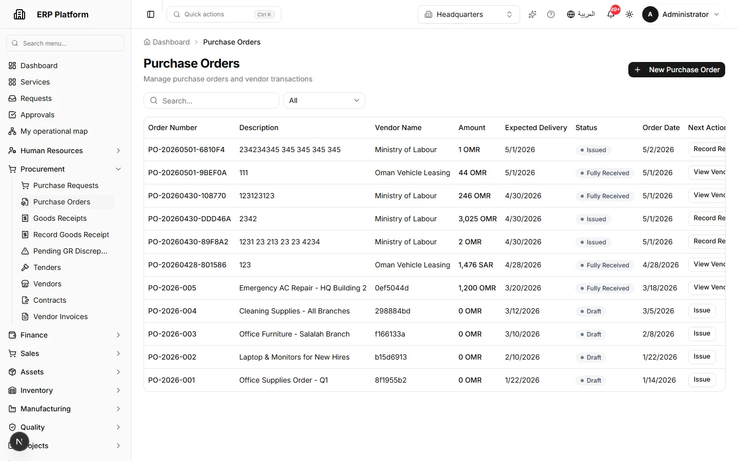 Purchase order tracking within the operational lifecycle.